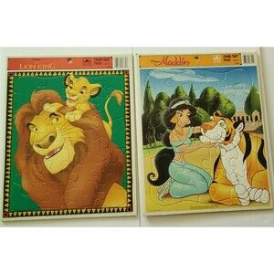 Vintage Golden Frame Tray Puzzles (2) Disney's  Aladdin and Lion King 11x15